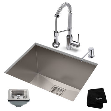 24" Undermount Stainless Steel Kitchen Sink, Pull-Down Faucet CH, Dispenser