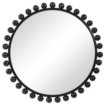Elegant Beaded Spheres Round 44" Wall Mirror Vanity Mantel Black Metal