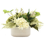 Creative Displays - Hydrangeas and Heather in Oblong Pot - This hydrangea and heather arrangement is lush with lifelike detail. White and green hydrangeas accented with heather bushes and berries set in a cream oblong pot. Product may arrive slightly compressed due to shipping. Primping or reshaping may be necessary.
