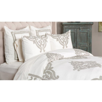 Kosas Home Kent 92x90" Transitional Embroidery Cotton Slub Queen Duvet in Ivory