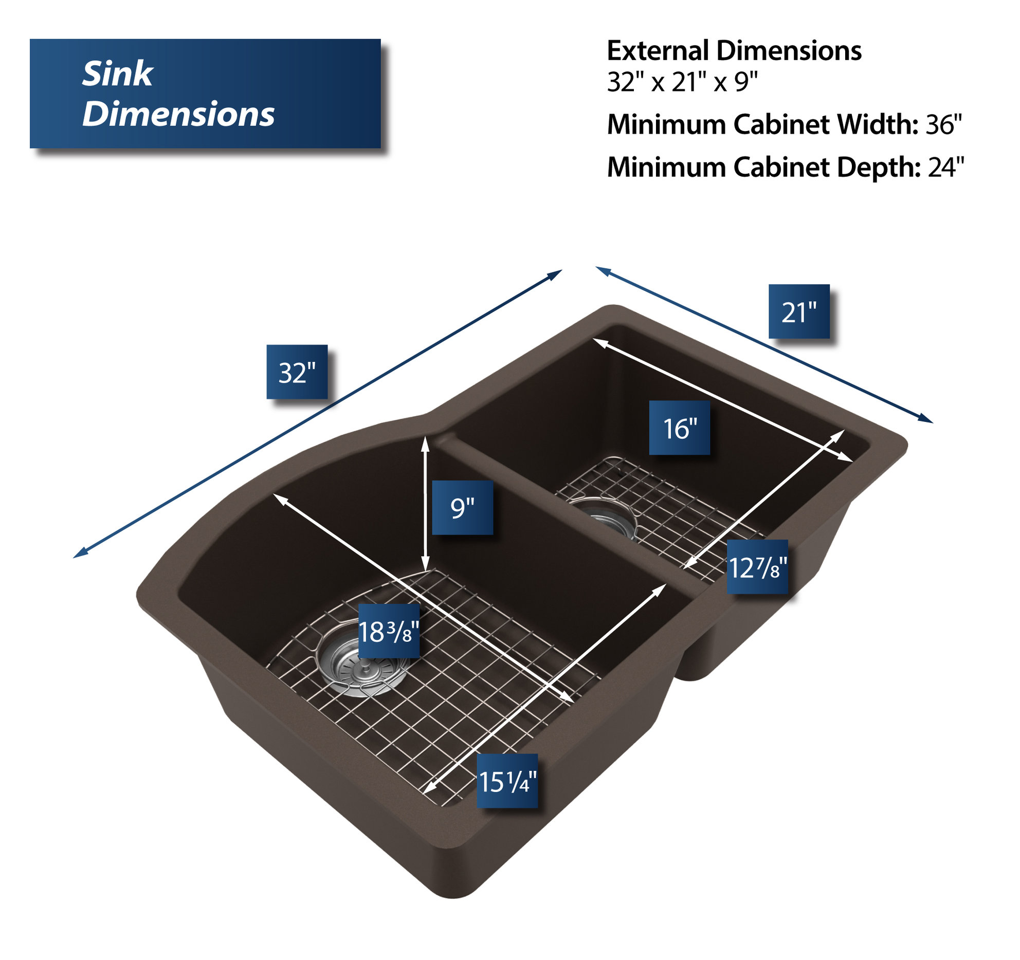 Karran Undermount Quartz 32" 60/40 Double Bowl Kitchen Sink Kit, Brown