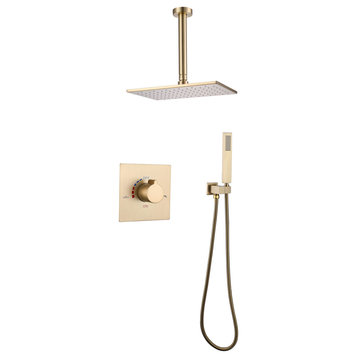 Ceiling Mounted Rain Shower System with Hand Shower-Includes Rough-in Valve, Brushed Gold