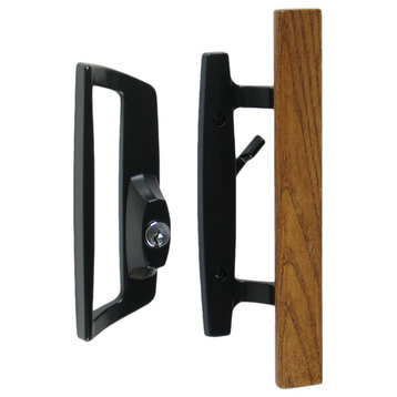 Bali Nai Sliding Door Handle Set With Lock, Keyed, Left Hand, Wood Pull, Black, 1-3/4" Thick Door
