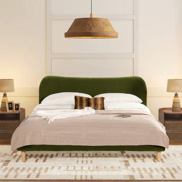 Roman Curved Upholstered Platform Bed, Olive Green Performance Velvet, King