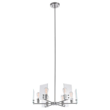 Cleve 6-Light Brushed Nickel Chandelier, Clear Beveled Glass Panes