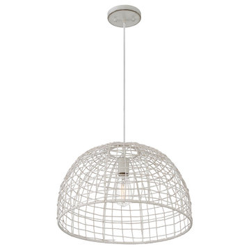 1-Light Pendant, Black With Natural Brass Accents, White Rattan