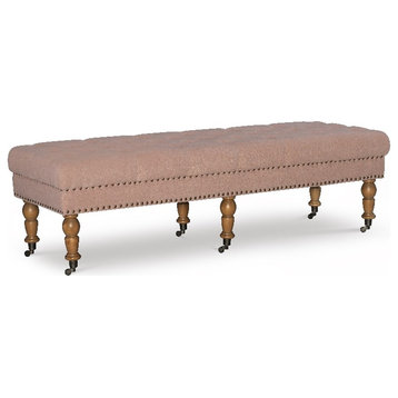 Linon Isabelle Upholstered 62" Long Bench Wood Legs in Washed Pink Linen Fabric