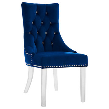 Gobi Modern and Tufted Dining Chair, Blue Velvet With Acrylic Legs