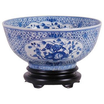 Blue and White Porcelain Floral Chinese Bowl With Stand 12"