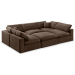 Meridian Furniture - Comfy Upholstered U-Shaped Modular Sectional, Brown, 6-Piece: 3 Armless Chair, 2 Corner Chair, 1 Ottoman, Velvet - Give your space a whole new look with this brown Comfy velvet sectional. This handsome sectional fits nicely with other items in the Comfy collection and is a versatile seating option designed for adaptability, comfort and style. Wrapped in rich brown durable velvet upholstery, this sectional offers a plush embrace of overstuffed down feather cushions, carefully crafted to deliver the highest level of comfort. The perfect seat for creating an oasis for relaxation, this sectional has thick foam surrounding its frame for added support and coziness.
