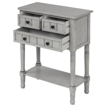 Narrow Console Table with Three Storage Drawers, Gray Wash