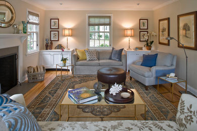 Example of a large transitional formal and enclosed living room design in Bridgeport with beige walls, no tv, a standard fireplace and a plaster fireplace