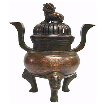 Chinese Bronze Foo Dogs Gold Graphic Incense Burner