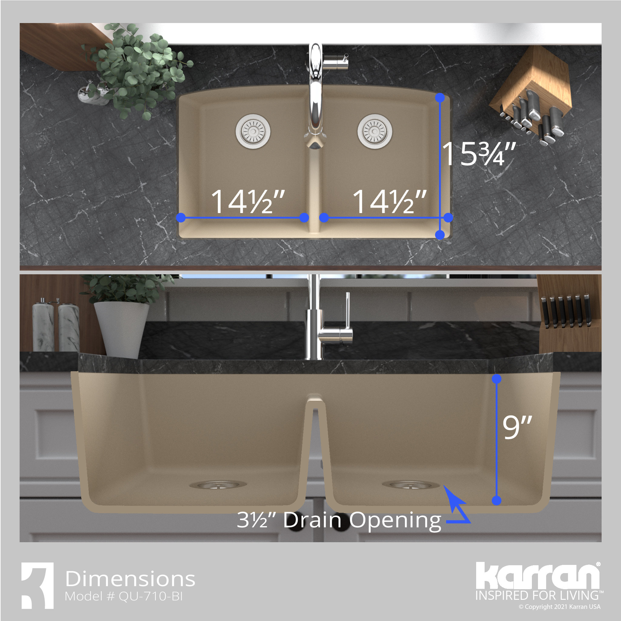 Karran Undermount Quartz 32" 50/50 Double Bowl Kitchen Sink, Bisque