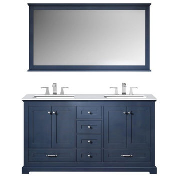 Dukes 60" Navy Blue Double Square Sink Vanity with Quartz Top, With Mirror
