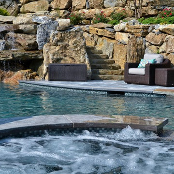 Pool and Spa with Water Feature Built into Mountainside - Mahwah, NJ