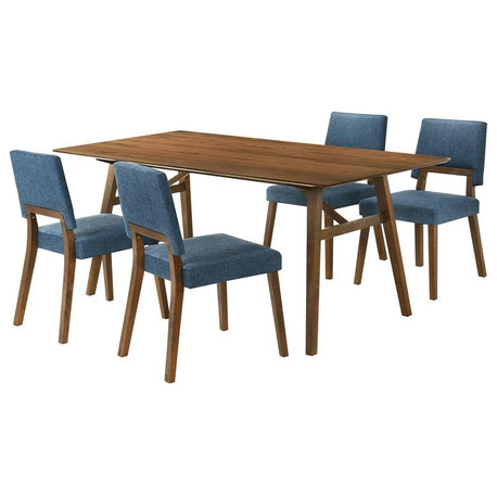 Channell 5 Piece Walnut Wood Dining Table Set with Blue Fabric