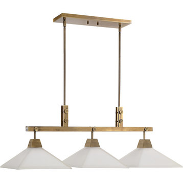 Contemporary Aged Brass White Frosted Shade 44 in Long Chandelier Pendant Glass