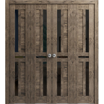 Closet Double Bi-fold Doors, Veregio 7588 Cognac Oak & Black Glass