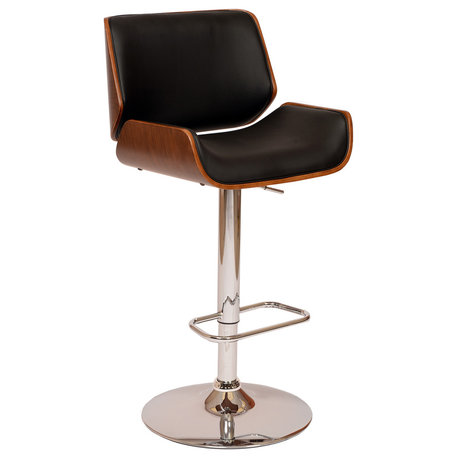 Mattis Swivel Barstool, Black PU/Walnut Veneer and Chrome Base