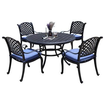 5-Piece Aged Bronze Aluminum Round Dining Set, Dining Chairs, Navy Blue