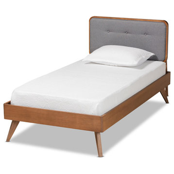 Dark Gray Fabric Walnut Brown Finished Wood Twin Size Platform Bed