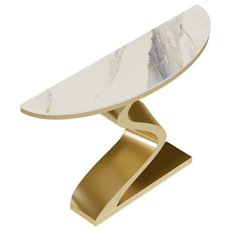 39.4" White/Gold Curved Console Table With Sintered Stone Top Half Moon Shape