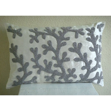 White Art Silk 12"x22" Coral Design Lumbar Pillow Cover, Silver Corals