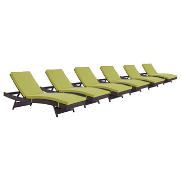 Modern Contemporary Outdoor Patio Chaise Lounge Chair, Set of 6, Green, Rattan
