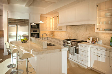 Large transitional l-shaped porcelain tile eat-in kitchen photo in San Francisco with a double-bowl sink, glass-front cabinets, white cabinets, marble countertops, multicolored backsplash, stone slab backsplash, stainless steel appliances and an island