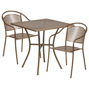 28'' Square Indoor-Outdoor Steel Patio Table Set With 2 Round Back Chairs, Gold