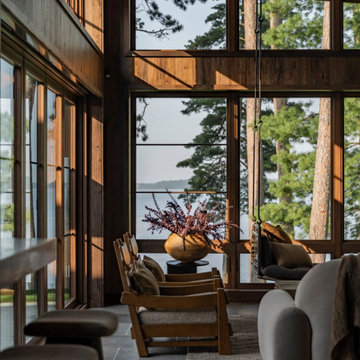 Antique Elm Paneling and Ceiling in Modern Lakehouse Four Seasons Porch