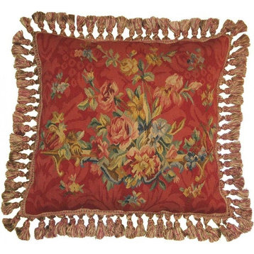 Aubusson Throw Pillow 20"x20" Handwoven Red Flowers