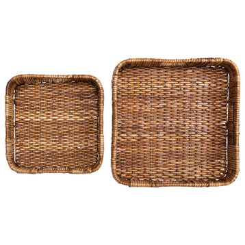 Hand-Woven Rattan Trays With Handles, 2-Piece Set