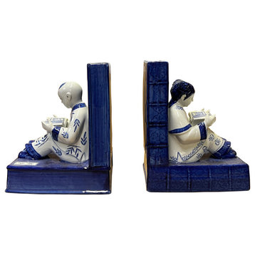 Porcelain Blue and White Kid Reading Book Figure Bookend Stopper Hws2707