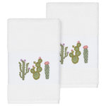 Linum Home Textiles - Mila 2 Piece Embellished Hand Towel Set - The MILA Embellished Towel Collection features whimsical blooming cactus in applique embroidery on a woven textured border. These soft and luxurious towels are made of 100% premium Turkish Cotton and offer lasting absorbency and superior durability. These lavish Turkish towels are produced in Linum�s state-of-the-art vertically integrated green factory in Turkey, which runs on 100% solar energy.