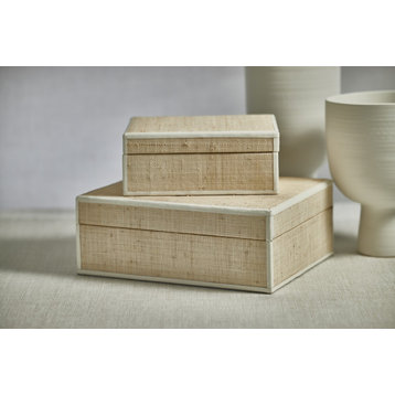 Reggio Natural Fiber Raffia Decorative Box, White Leather Trim, Small