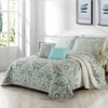 Damask 5 Piece Reversible Quilt Bed Spread Coverlet Set, Blue, King, 102"x90"