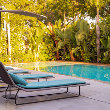 Piscina y tumbonas a conjunto