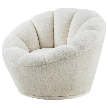 Unique Accent Chair, Round Faux Sheepskin Seat With Channeled Stitching, White