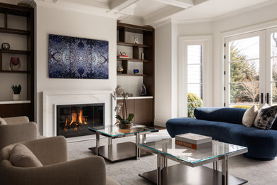 Inspiration for a mid-sized transitional formal and enclosed carpeted, beige floor and coffered ceiling living room remodel in New York with white walls, a standard fireplace, a concrete fireplace and a wall-mounted tv