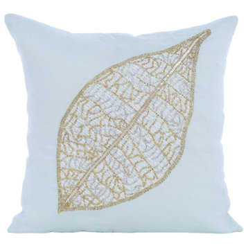 Blue Cotton Linen 16"x16" Beaded Leaf Pillowcases, Gold Leaflet