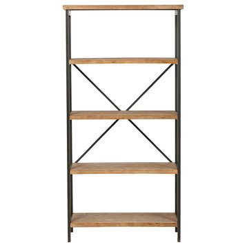 Industrial Classic Bookcase, Black Metal Frame and 5 Fir Wooden Open Shelves