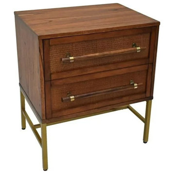 Unique Nightstand, 2 Drawers With Rattan Front & Gold Accented Elongated Pulls