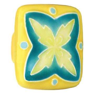 Square Ceramic X Knob, Yellow and Teal