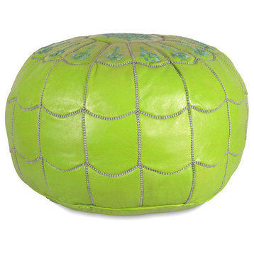 Moroccan Leather Stuffed Pouf, Lime Green