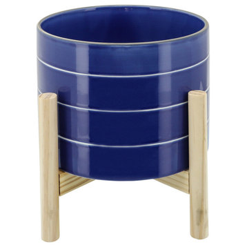 8" Striped Planter With Wood Stand, Navy