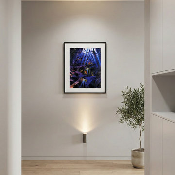 Contemporary Gallery Hallway with Abstract Art and Architectural Lighting