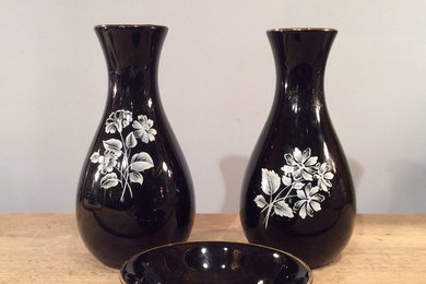 Vintage Ceramic Wade Black Frost Set of Vases & Dish