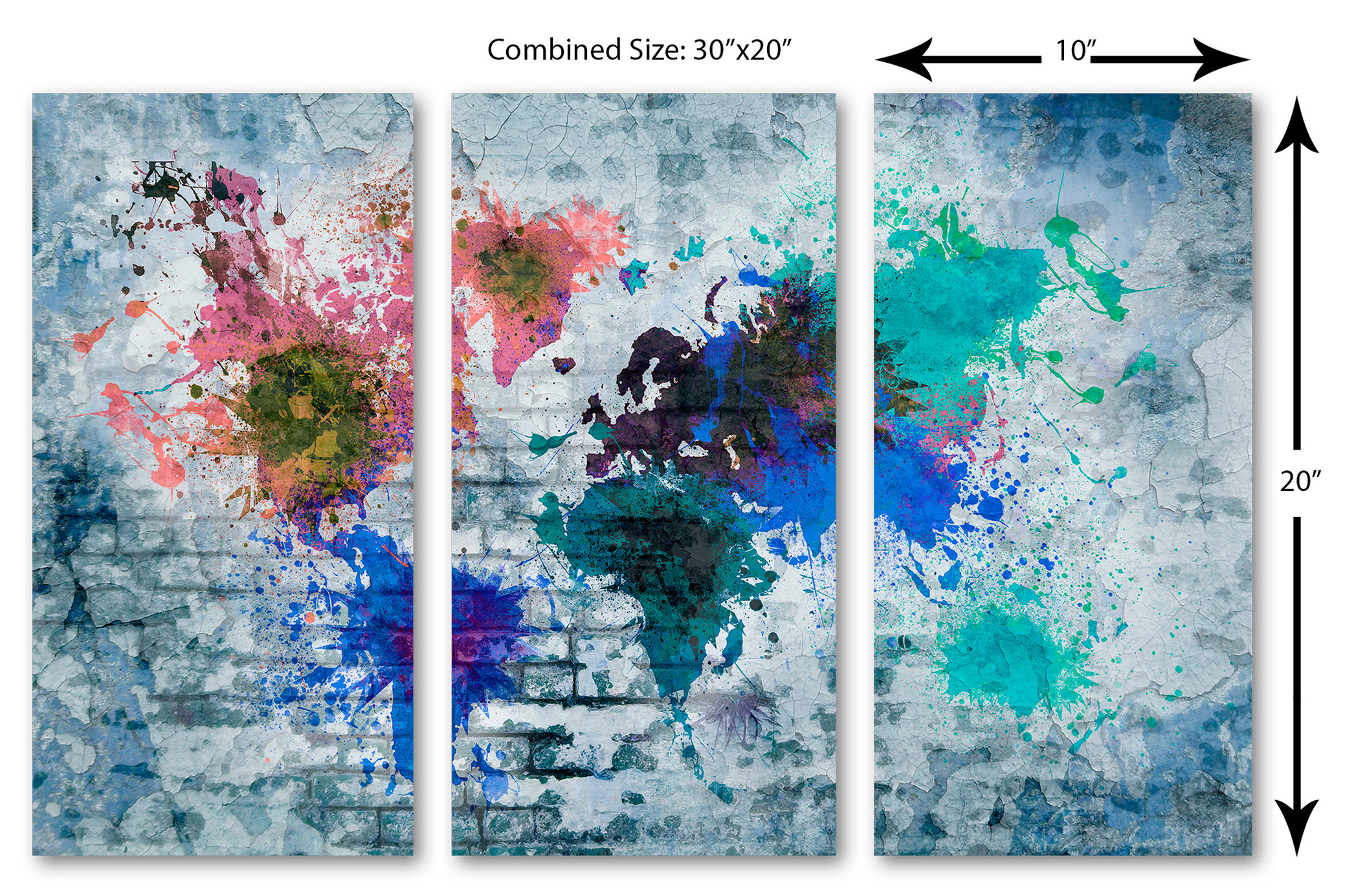 Blue Brick Wall Art World Map Canvas Print, 3 Panel Split, Triptych ...